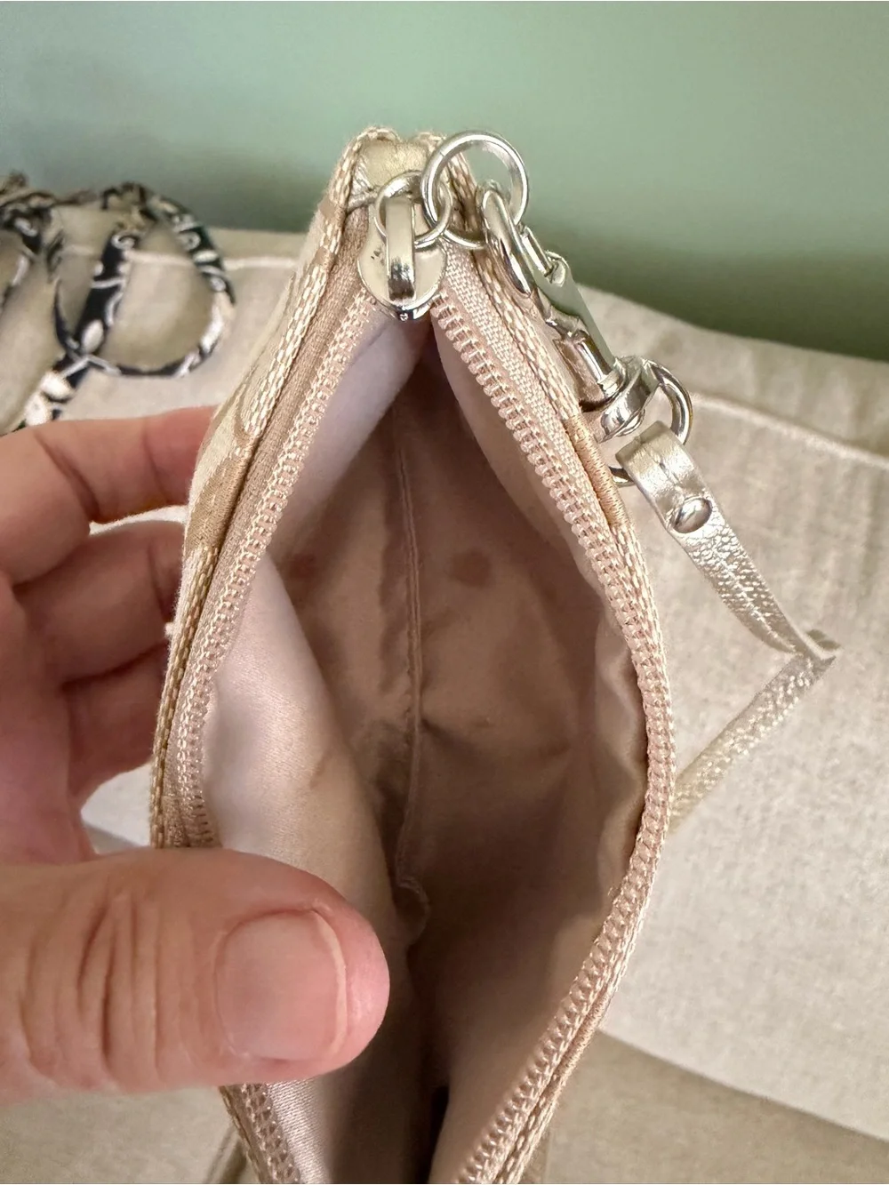 Coach Beige Signature Canvas Wristlet with Silver Strap